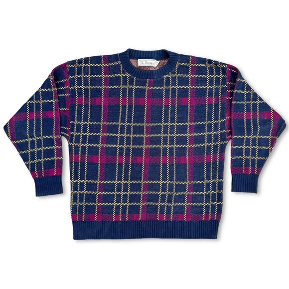 Vintage 90s Grandpa Sweater Grid Pattern Cotton J.G. Brown | Size XL - Picture 1 of 5